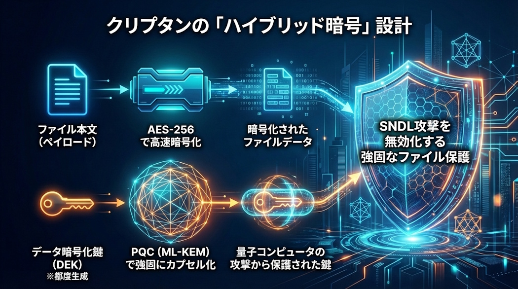 AES-256（ペイロード）とML-KEM（DEK保護）の構造